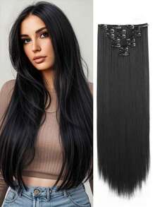 18-32 Inch Clip-In Hair Extensions 7pcs Set Black & Gold With Lowlights, Synthetic Fiber, Suitable For Women And Girls For Party And Daily Use - 彩色 - 查看 42