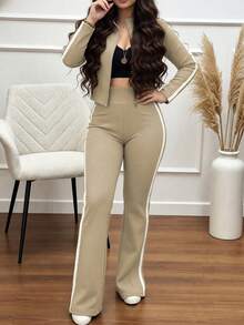 Women's Casual 2 Pieces Tracksuit Set For Spring/Autumn, Featuring A Stand Collar Short Striped Zip-Up Jacket Paired With Striped Straight-Leg Pants, Slightly Stretchy Yoga Outfit For Slim Fit - Apricot 18 - View 5