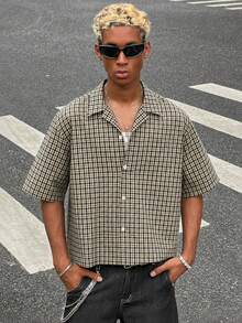 HOMIIE Men Retro Small Plaid Short Sleeve Cropped Boxy Shirt, Lapel Collar Button Down Loose Fit Casual Streetwear Top, Back To School Daily Outfit - Multicolor - View 3