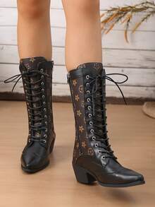 Front Lace-Up Pointed Toe Low Chunky Mid-Calf Boots With Criss-Cross Straps, Full Metal Eyelets, Solid Color Adjustable Minimalist Rider Boots - Coffee Brown - View 2
