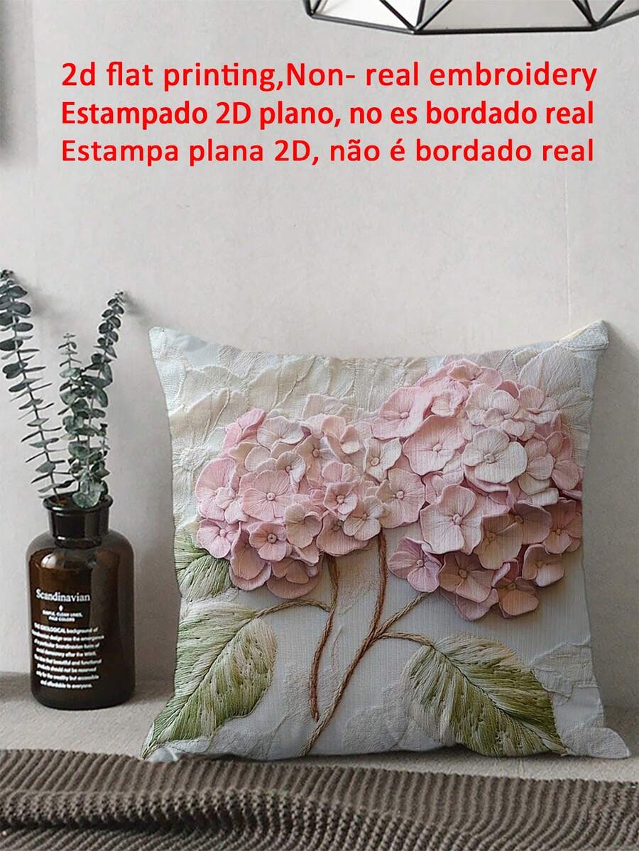 shangxia 1pc 2D Boho Style Embroidered Hydrangea Soft Plush Pillowcase, 18" X 18", Floral Pattern, Zippered, Machine Washable, Suitable For Living Room And Bedroom Decor, Insert Not Included