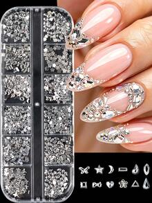 12 Grids Silvery Flatback Rhinestones Nail Charms Kit Butterfly Bow Flower Star Moon Heart Teardrop Square Rectangle Triangle Crystal Glass Gems 3D Silvery Nail Art Jewelry Decorations Accessories For Acrylic Nail Tips Manicure Nail Design Supplies - Silver - View 11