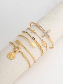5PCS Vintage Luxury Gold Cross Bracelet, Rhinestone Cross Thin Chain With Virgin Mary Embossed Pendant, Smooth Water Drop Bangle, OT Clasp Chunky Chain, Niche Design, Versatile Everyday Accessory - Gold - View 2