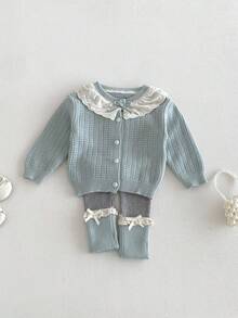 Korean Style Soft Baby Girls Knit 2 Pieces Set, Waffle Lace Collar Long Sleeve Cardigan And Lace Bow Contrast Color Long Pants Outfit - Mint Blue - View 3