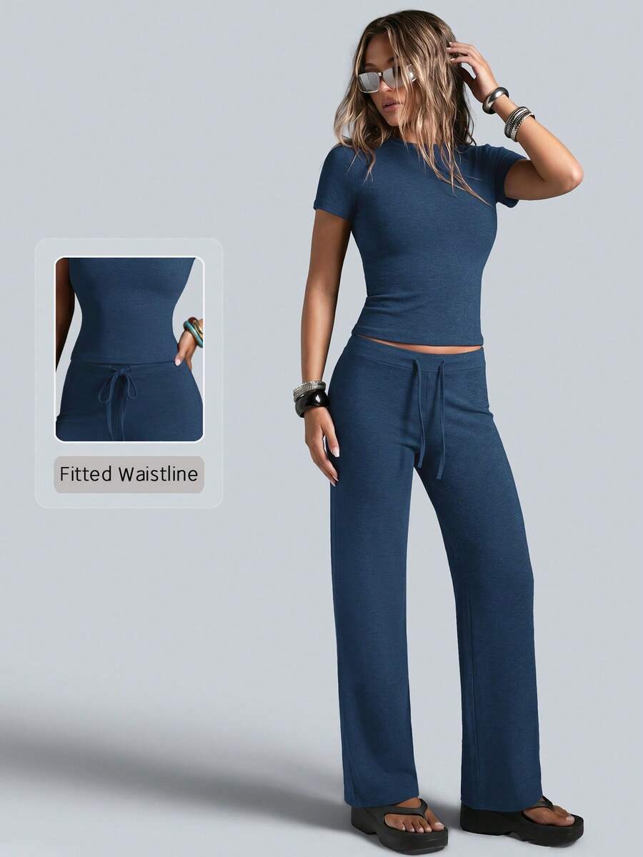 NcmRyu Conjunto deportivo de mujer de un solo color con cuello redondo, manga corta, cordón y pantalones de pierna recta - Azul Marino - Ver 1