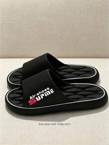 Fashionable New Men's Slippers, Diagonal Letter Patch Design Sporty Style, Unisex Couple Home Slippers, Suitable For Beach/Indoor/Outdoor Sports/Poolside, Comfortable For Long Wear, Casual Versatile Style - Black - View 6
