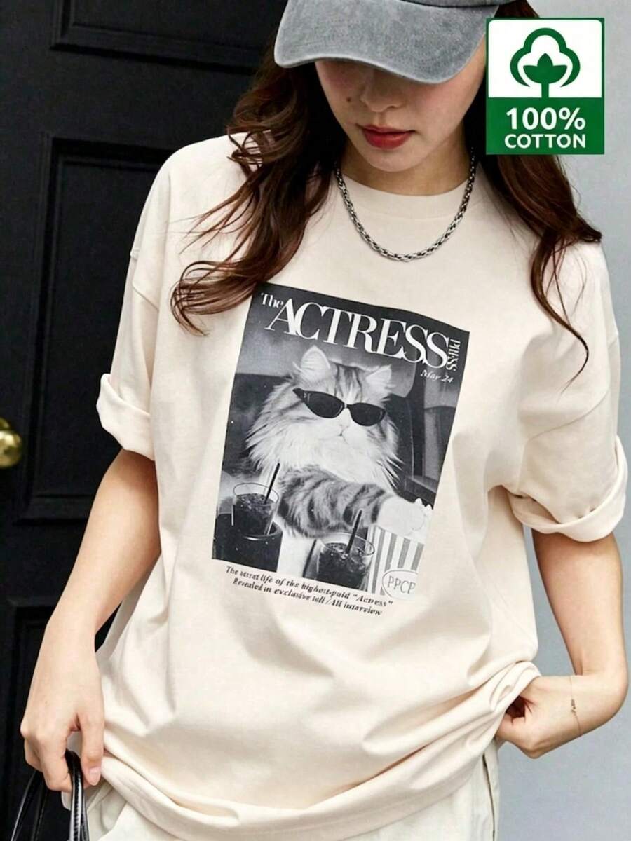 Domestic Shipping. 2026 Spring/Summer New Arrival: 200g 100% Cotton Women's Short Sleeve T-Shirt, Unisex Loose Fit Crew Neck, Korean Style Casual Top. - Apricot - View 1