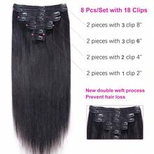 Extensiones de Cabello con Clip de Cabello Humano Color Negro Natural 8 Piezas/Set con Extensión Recta con Clip Cabeza Completa Brasileño 18 Clips Extensión de Cabello para Mujeres - Natural Black - Ver 4