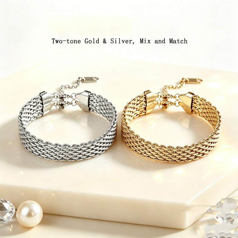 1pc Vintage Stainless Steel Gold Plated Woven Bracelet, Minimalist Luxury, Fashion Versatile, Unisex, Daily Wear, High-End Design - Multicolor - View 1
