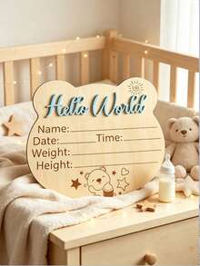 木製 Hello World 新生兒出生資訊牌，熊剪影寶寶公告牌，附 3D 凸起字母，可刻字可書寫嬰兒里程碑拍照道具 - 藍色 - 查看 3