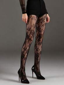 2/1 pieza Leggings de mujer de jacquard hueco de red de pescado, medias elásticas de malla negra de talla grande, adecuadas para leggings góticos florales de vacaciones, atuendo de vuelta a la escuela - Negro - Ver 1