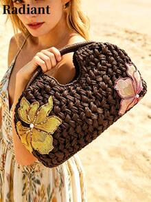 Clutch de Palha Tecida à Mão para Mulheres, com Enfeites Florais de Lantejoulas; Adequada para Compras, Passeios Casuais, Férias, Reuniões e Festas - Café - Visão 10