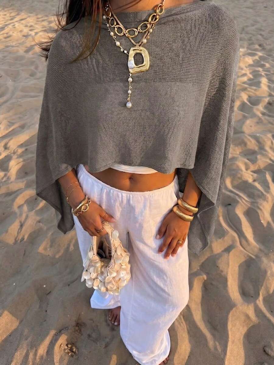 女款不對稱披肩式蝙蝠袖輕量針織短版上衣,海灘夏季度假穿搭 - 棕 - 查看 1