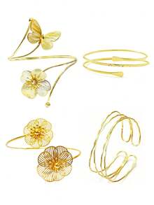 4pcs Floral & Butterfly Romantic Vacation Style, Asymmetrical Geometric Starfish Bangle Bracelet Set, Versatile Daily, Travel, Party Wear For Women - Multicolor - View 11
