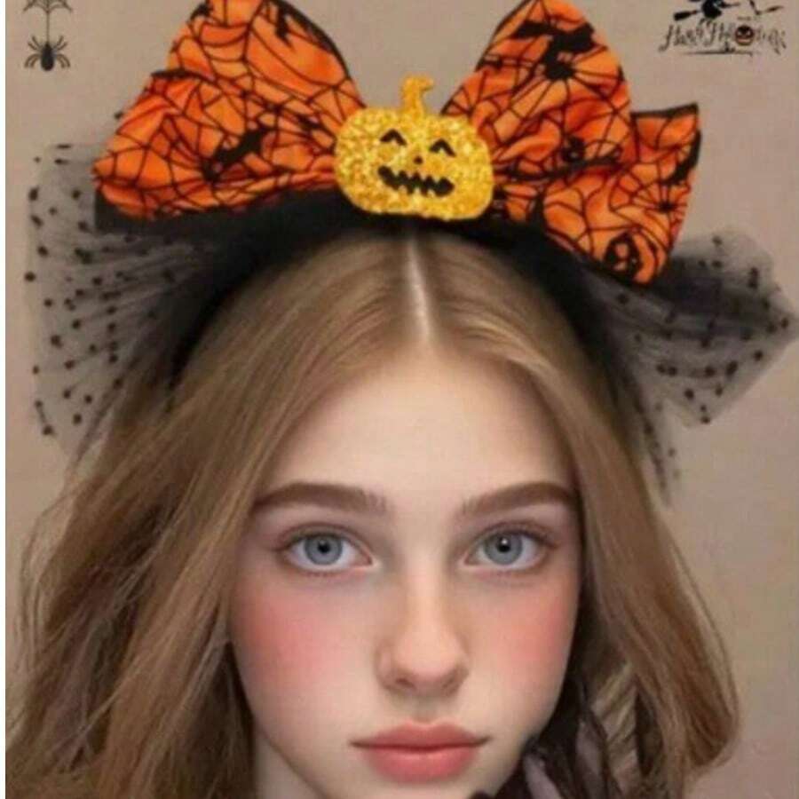 1pc Pumpkin Headband Spider Web Bow Hair Clip Headpiece Halloween Party Decoration - Multicolor - View 1