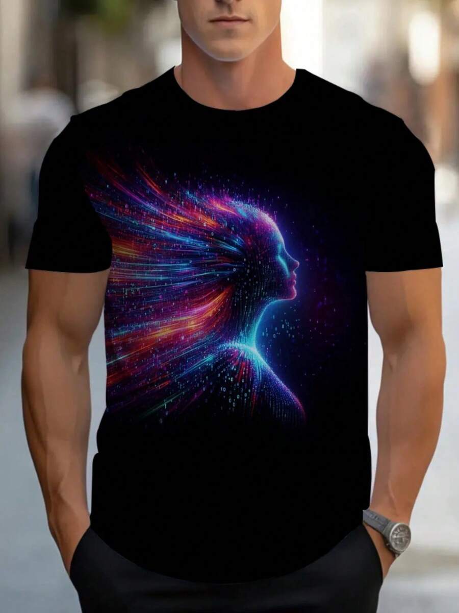Men's Polyester Short-Sleeve T-Shirt With A Galactic Woman Print, Vibrant Cosmic Design, Lightweight And Breathable, Perfect. - 黑色 - 查看 1