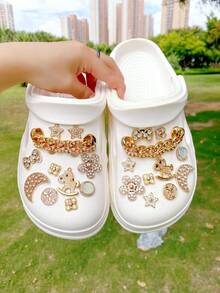 22pcs Gold Pony Moon Star Bow Shoe Charms DIY Detachable Shoe Decorations ABS Rhinestone Chain Shoe Accessories Suitable For Clogs Women Sandals Slippers Beach Shoes, Holiday Gift - Gold - View 1