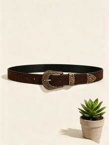 1pc Women's Coffee Color Fashion Vintage Western Style Belt, Suitable For Daily Pants And Dresses - Brown - View 2