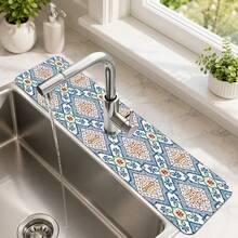 1pc Printed Pattern Diatomaceous Earth Faucet Absorbent Mat, Quick-Drying Non-Slip Sink Splash Guard, Rubber Bottom Kitchen Bathroom Faucet Drainage Pad, Countertop Splash Protection Mat - Multicolor - View 5