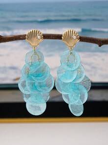 Travachic 1 Pair Women's Bohemian Round Shell Fan-Shaped Pearl Earrings, Exaggerated Long Earrings With Beach Resort Vibe - Scallop Pearl Tassel - View 4