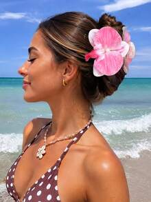 Fermaglio per capelli con orchidea tropicale arancione grande, accessorio estivo da spiaggia realistico e oversize, fermaglio per capelli stile bohémien con orchidea Phalaenopsis per donne - Arancione - Visualizzare 21