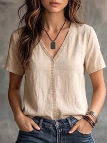 1pc V-Neck Lace Trim Solid Color Women's Blouse, Casual Vacation Style Pastoral Textured Top Summer - Linen Grey - View 7