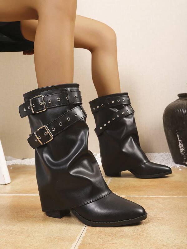 Popular Folded Pleated Boot Style Fashion Buckle Flat Comfortable Solid Color Western Style Casual Mid-Calf Boots, Women's Plus Size Autumn/Winter Riding Boots, Metal Buckle Design, Flattering Leg Lines, Suitable For Autumn/Winter Wear, Can Be Paired With Coats And Skirts, Suitable For Daily Wear And Holiday Parties