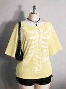 Colección verano 2026. Camiseta holgada mujer talla grande, estampado calavera y rosa gótico punk, estilo retro vanguardista. Tallas 3–7XL, apta otoño-invierno. Envío gratis 24h. - Amarillo 1 - Ver 17
