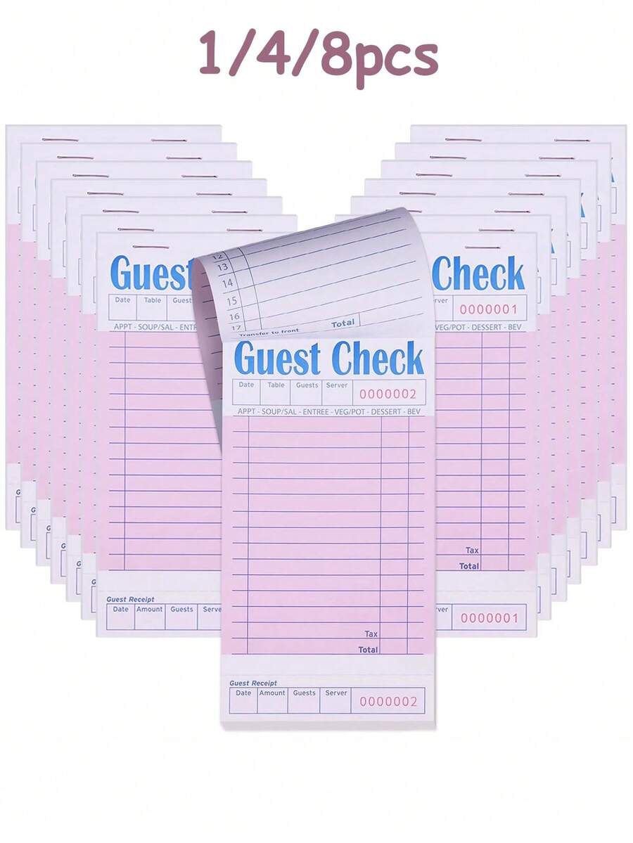 1/4/8 Pack Pink Customer Check Bill Book, Suitable For Waiters/Waitresses, Server Notepad, Restaurant Billing Paper, 50 Sheets Per Pack, 200 Sheets Total,Horizontal/Vertical Layout For Time Tracking, Accounting, Inventory Management Activity Planning - Multicolor - View 1