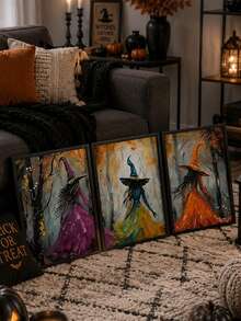 Ensemble de 3 pièces d'art mural de sorcières d'Halloween, imprimé de sorcières colorées dans une forêt d'automne, affiche abstraite moderne, décoration d'automne effrayante, art mural sans cadre pour le salon, la chambre, le bureau, le café, décoration de la maison pour Halloween, Thanksgiving, Noël et les fêtes - Style abstrait A - Voir 2