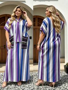 Women's Colorblock Vertical Stripe Loose Long Robe Dress With Matching Scarf, Batwing Short Sleeve V-Neck Long Cover-Up, Double Pockets, Plus Size Vacation Beach Dress Without Slit - Blue - View 1