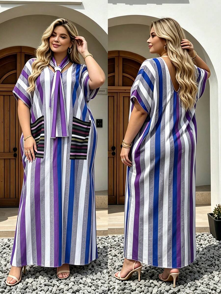Women's Colorblock Vertical Stripe Loose Long Robe Dress With Matching Scarf, Batwing Short Sleeve V-Neck Long Cover-Up, Double Pockets, Plus Size Vacation Beach Dress Without Slit - Blue - View 1