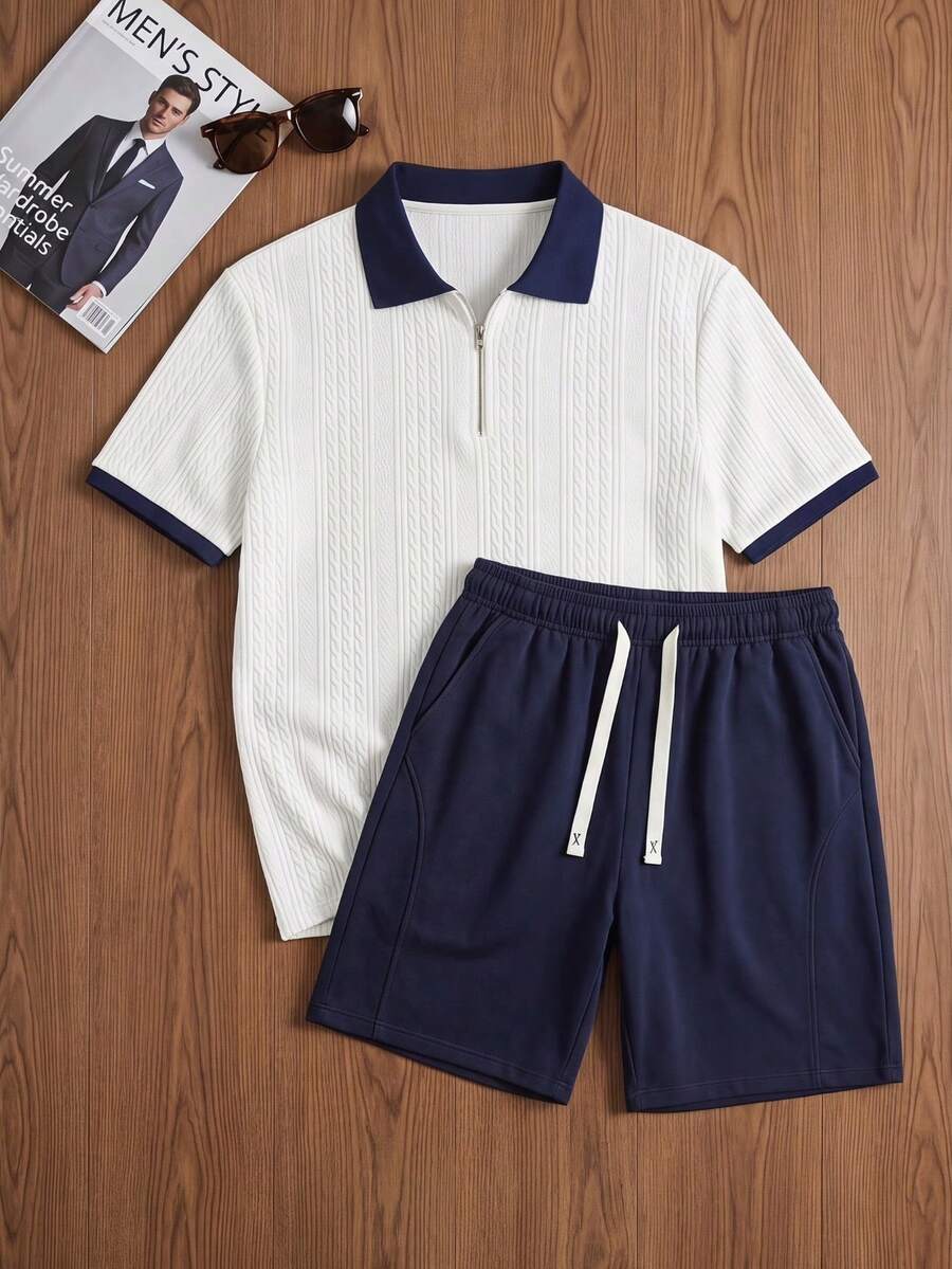 Men's Summer Casual Half-Zip Contrast Collar Short Sleeve Polo Shirt And Shorts 2 Pieces Set, Suitable For Daily Casual And Holiday Wear - White - View 1