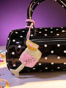1pc Party Style Bag Charm, Handmade Rhinestone Beaded Pendant With Champagne, Cocktail Glass And Coffee Cup Design - Pink - View 4