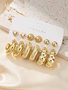 6 Pairs Exquisite Unique Stud Earrings Set, Heart-Shaped, C-Shaped, Textured Bubble, Tiered Earrings Combination, Women's Jewelry For Party, Gathering, Outing, Holiday Gift - Yellow Gold - View 7