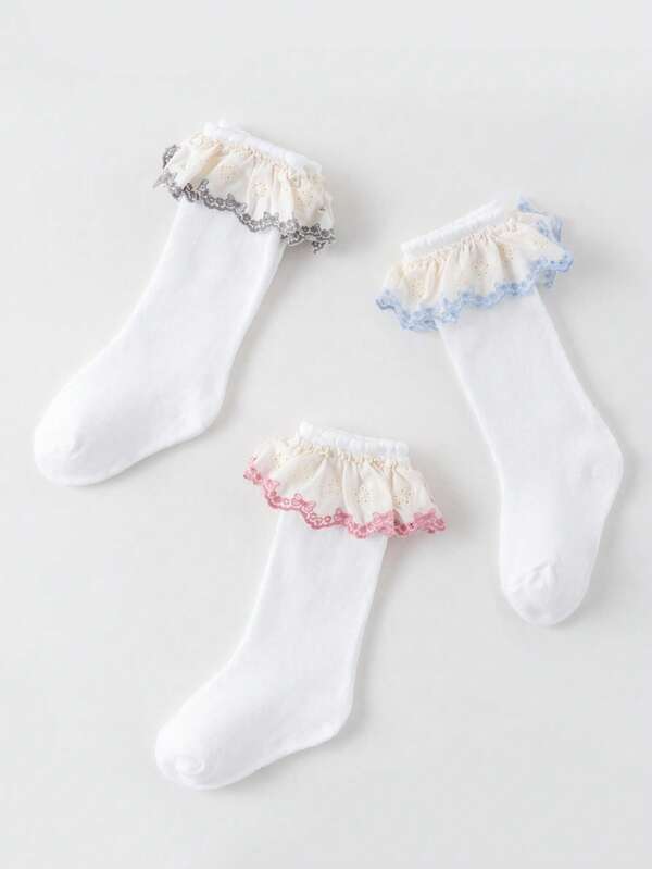 3 Pairs Baby Knee-High Socks With Ruffle Design, Soft And Breathable High-Top Socks In Daily Colors For Girls, Suitable For Baby Girls' Daily Wear, Parties And Outdoor Activities