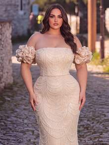 Women's Elegant Plus Size Sequin Off-Shoulder Maxi Mermaid Dress With Cold Shoulder Sleeves Perfect For Formal Evening Events - Apricot - View 3
