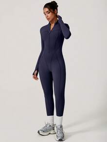 TimeOff 女士One pc純色立領拉鍊附拇指洞長袖修身運動連身褲 - 藏蓝色 - 查看 6
