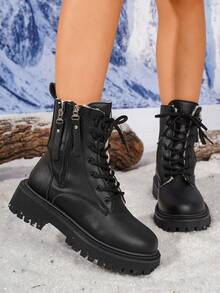Botas de tobillo de invierno nuevas para mujer, botas de media pantorrilla con forro térmico, diseño con cremallera lateral y cordones delanteros, botas de invierno para exteriores, adecuadas para salidas diarias de invierno, botas negras - Negro - Ver 4