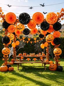 12pcs Halloween Paper Ball Pumpkin Lanterns With Orange Paper Fans ...