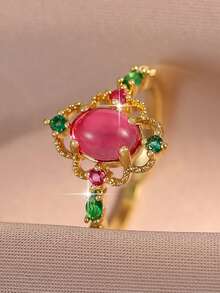 2pcs/1pc Elegant Vintage Hollow White & Pink Oval Gem Cubic Zirconia Multi Accent Open Couple Rings For Daily Wear, Wedding Ceremony, Engagement Gift - Multicolor - View 10