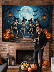 1pc 2D Flat Background Cloth, Halloween Theme Skeleton Wearing Hat Happy Dancing Background Cloth, Suitable For Indoor Photo Background, Party Decoration, Home Decor - A - View 1