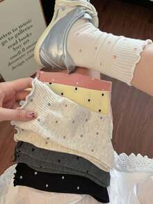 1/6 Paar minimalistische einfarbige Socken mit kleinen Polka Dots, süßem Rüschenrand, vielseitig und bequem, mittelhoch - Verschiedenfarbig - Übersicht 6