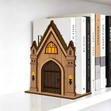 Gothic Castle Wooden Bookends, Double-Layer Vintage Wizard House Bookshelf, Decorative Bookends For Desk, Library, Home Decor - A - View 2