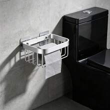 1pc Wall-Mounted Toilet Paper Holder, Punch-Free Storage Container For Toilet Tissue, Tissue Basket,Square Tissue Storage Rack,Convenient And Stylish Bathroom Accessories - Silver - View 1