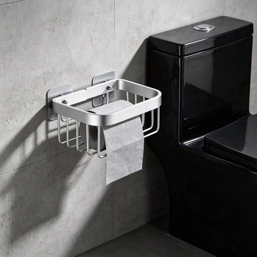 1pc Wall-Mounted Toilet Paper Holder, Punch-Free Storage Container For Toilet Tissue, Tissue Basket,Square Tissue Storage Rack,Convenient And Stylish Bathroom Accessories - Silver - View 1