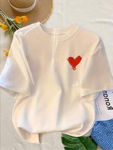 Heart Graphic Pure Cotton Tee For Ladies, Crew Neck Short Sleeve Daily Spring Summer Wear - 白色 - 查看 4