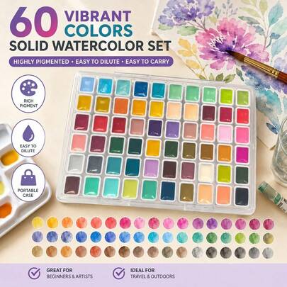 Set de 60 colores de pintura de acuarela sólida portátil con paleta de mezcla transparente, Set de pintura de acuarela + paleta, Adecuado para pintura, caligrafía, manualidades DIY y coloreado de modelos, Opción ideal para artistas y estudiantes de arte, Suministros de pintura, Suministros de oficina y aprendizaje, Suministros de arte