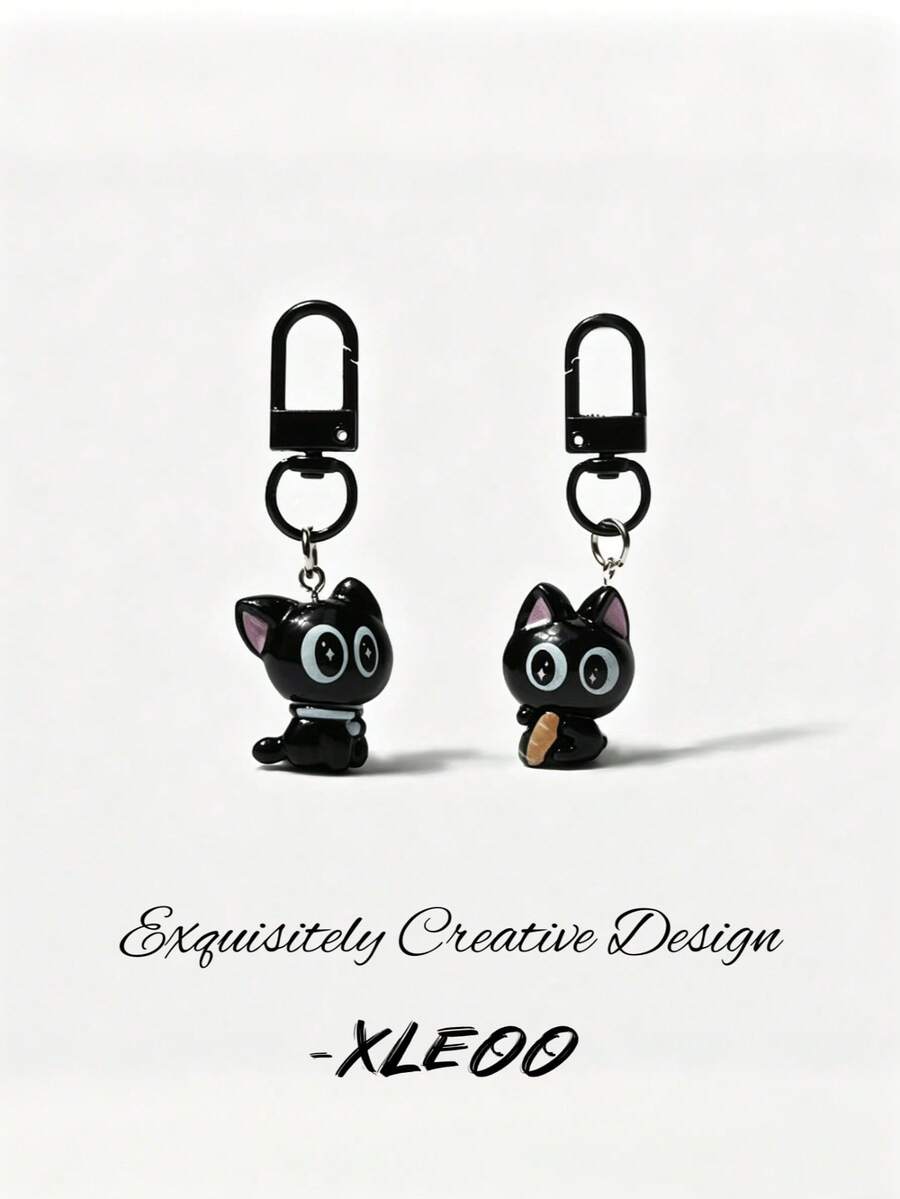 1PC Resin Black Cat Keychain, Cute Cartoon Big Eyes Pendant For Purse Backpack, Adorable Kitty Bag Charm, Student Friend Gift - Multicolor - View 1