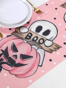 Pink Ghost Pumpkin Halloween Table Runner, Polyester Table Cover For Birthday Party Table Decorations - BOO Ghost Cat Pumpkin Style - View 6